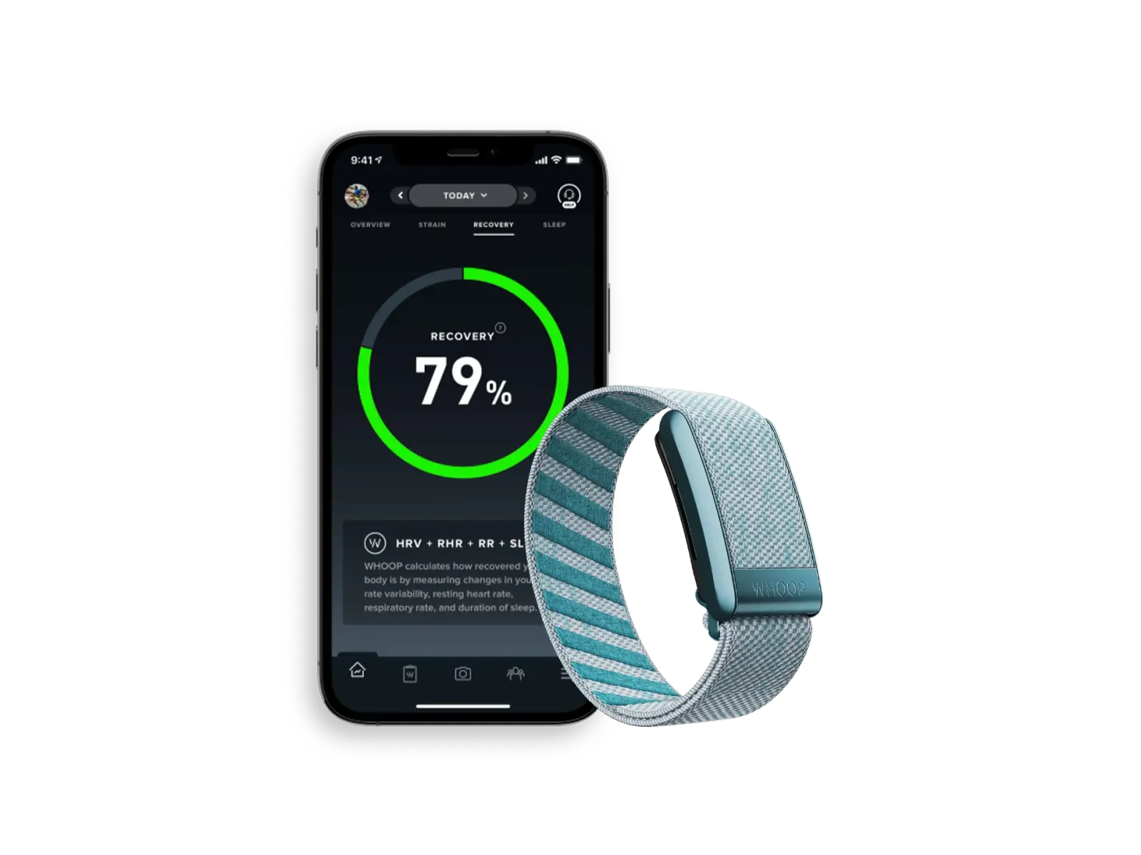 A sotck image of a Whoop band beside a phone displaying the Whoop app