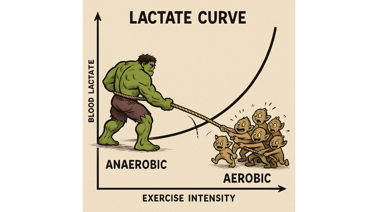 An illustration of a lactate curve with a green giant on the left, playing tug-of-war with a mass of smaller creatures on the right.