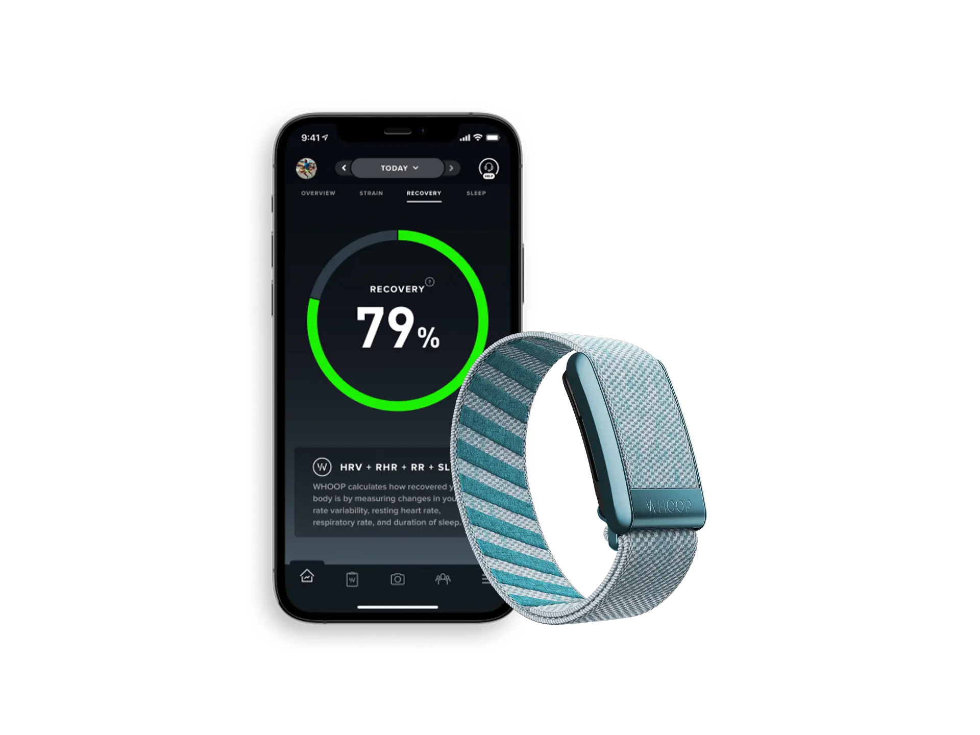 A sotck image of a Whoop band beside a phone displaying the Whoop app