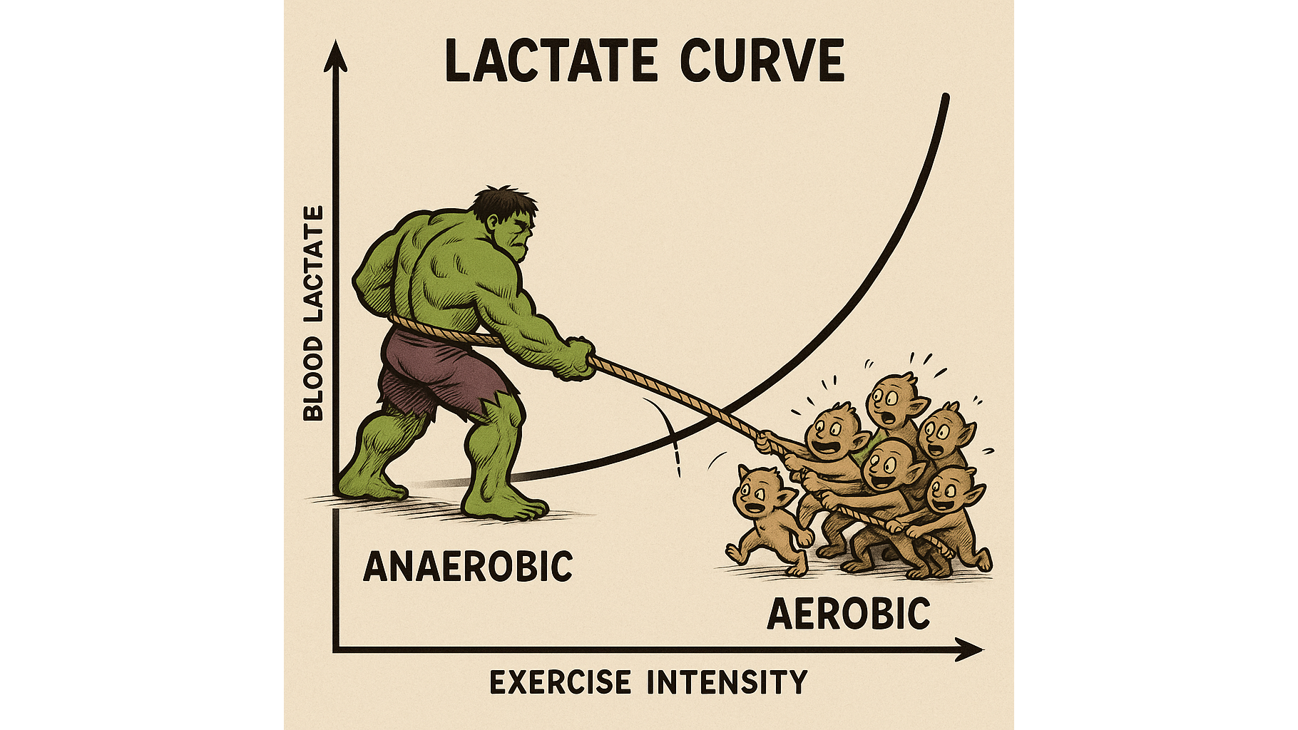 An illustration of a lactate curve with a green giant on the left, playing tug-of-war with a mass of smaller creatures on the right.